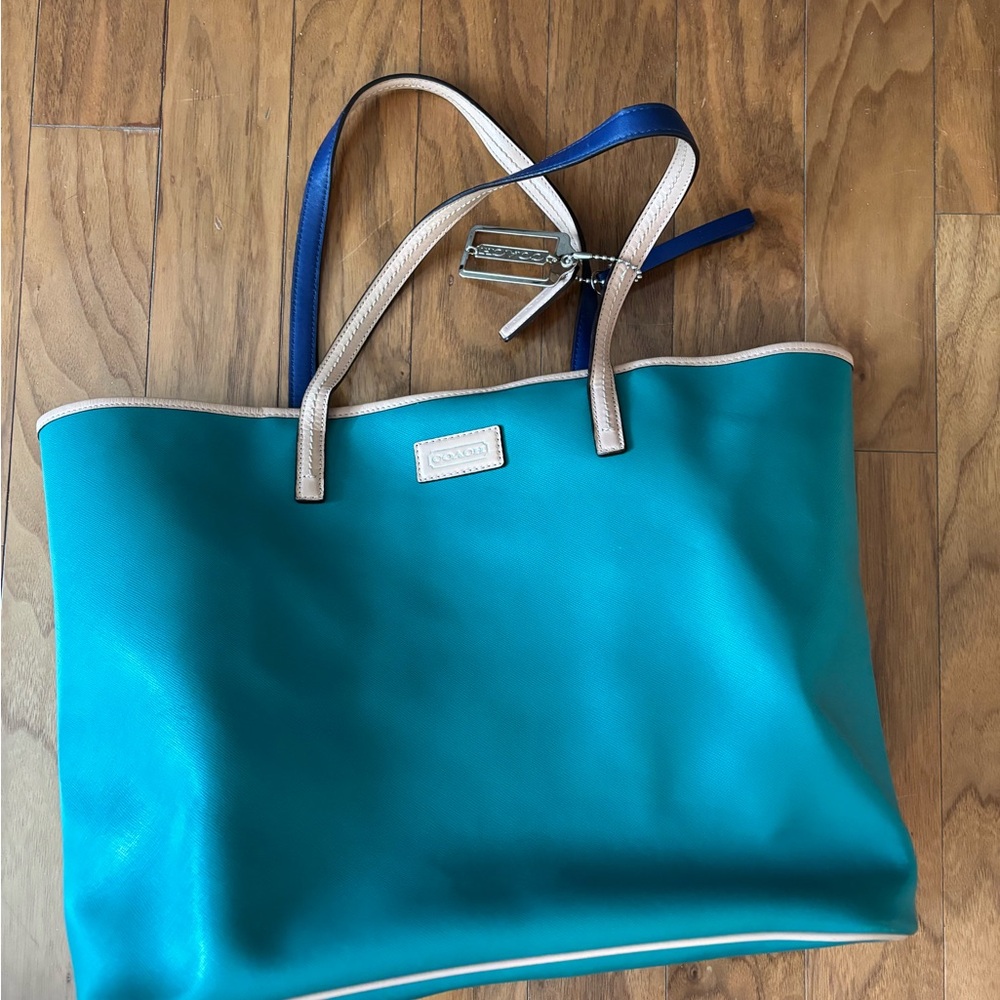 Coach Blue and Tan Tote Bag with Leather Handles